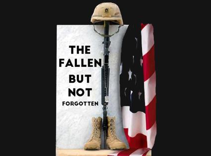 image of soldiers boots and gear with an american flag that says the fallen but not forgotten